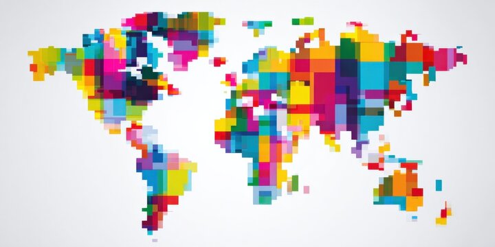Bright multicolor block world map with bold square pixels and saturated hues creating a playful abstract cartographic mosaic for global concepts and creative design