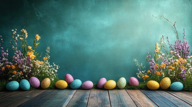 easter photographic background for photography studio, wooden floor with colorful easter eggs and wild flowers on the sides, blue and green  wall in the back