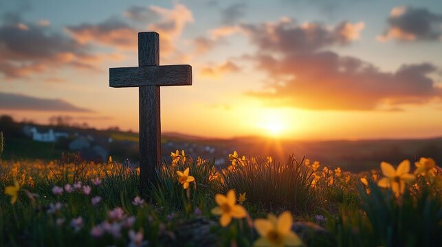 a wooden cross in the meadow, surrounded by daffodils, at sunset, symbolizing easter and christian mythology. 