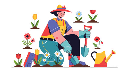Gardening Amidst Blooms: A dedicated gardener cultivates a vibrant garden, surrounded by an array of blossoming flowers, illustrating the art of nurturing and nature's beauty. © Abdul