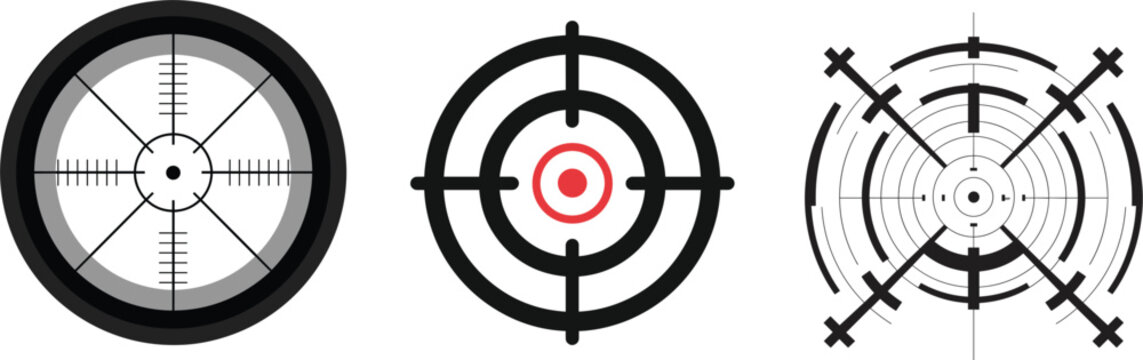 Set of three professional sniper crosshair and target aiming reticle vector icons
