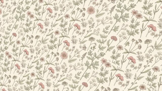 Delicate Floral Pattern With Tiny Pink Flowers and Greenery on Cream Background Subtle Vintage Aesthetic
