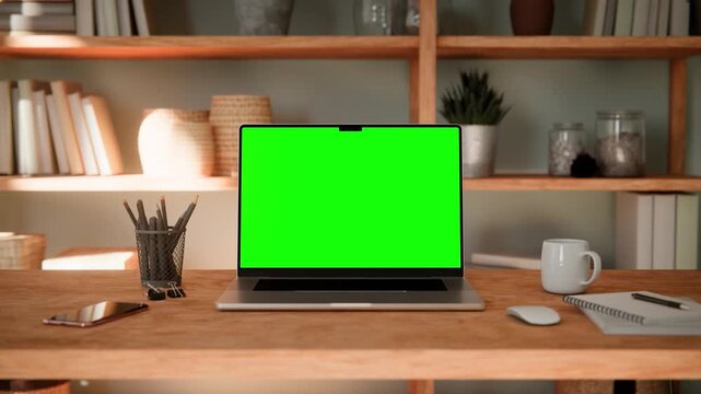 Laptop Green Screen Mockup Push In to Full Screen &ndash; Cinematic Zoom into Display in Scandinavian Home Office