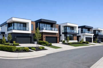 Fototapeta premium Modern suburban luxury house exteriors along clean street. Ai generative