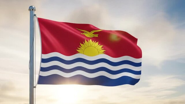 The flag of kiribati waving in the wind with sunlight shining through