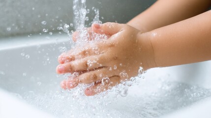 Fototapeta premium Child washing hands bathroom sink photograph cleanliness close-up hygiene awareness