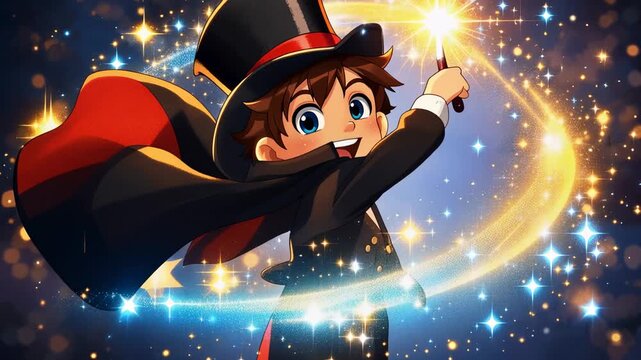 Cute cartoon magician boy performing magic trick with glowing wand and sparkling light fantasy scene