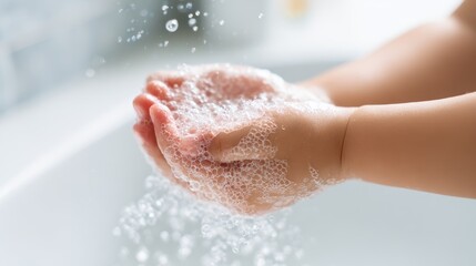 Fototapeta premium Child washing hands with soap bathroom hygiene cleanliness close-up health awareness
