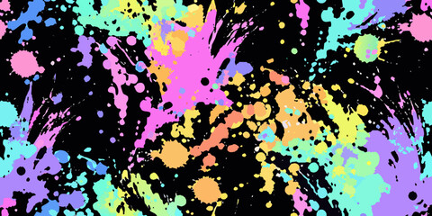 Obraz premium Colorful paint splatters and splashes against a solid black background