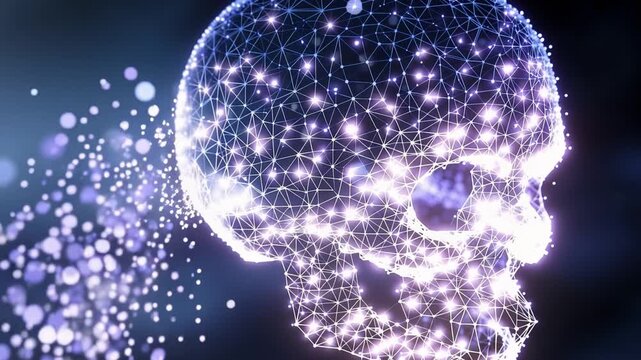 Purple particles swirl around a glowing skull. Bright nodes form a web across the skull's surface. Light pulses softly, emphasizing neural connections. No people or animals appear in this footage