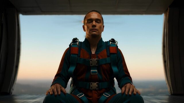 Skydiver Meditating Calmly Before Jump From Airplane Door, Extreme Sport Preparation