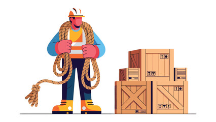 Logistics Worker with Crates and Rope: A construction worker stands ready to work, surrounded by wooden crates and a coiled rope, symbolizing construction and transport. © Abdul