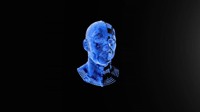 Animated block particles forming human head, illustrating Artificial Intelligence, Luma Matte attached