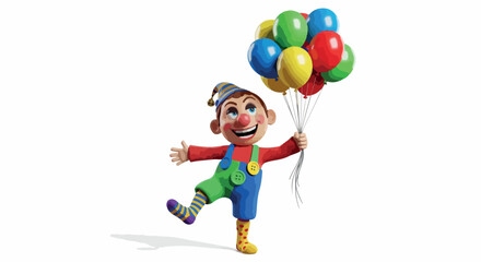 Fototapeta premium A cheerful clown in colorful costume holding balloons and walking on a white background with a playful mood.