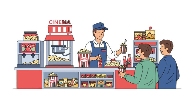 Movie Snack Service: An animated illustration captures the energy of a movie theater concession stand, with a staff member handing a customer a refreshing drink and popcorn.