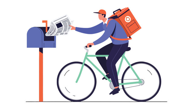 Speedy Courier Delivery: A dynamic delivery courier swiftly navigates a city street on a bicycle, delivering newspapers and packages with speed and efficiency.