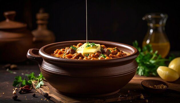 Hearty beef stew. Delicious slow cooked beef stew with vegetables and herbs, topped with butter for a warm, comforting meal.