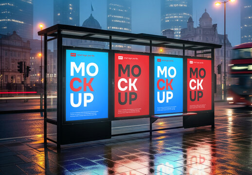 Billboards on a buss-stop at night Mockup