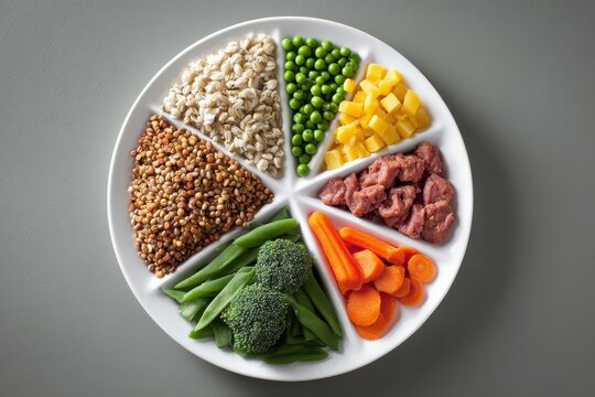 Balanced portion plate on neutral table
 Divided meal plate showing vegetables, grains and protein. Diet control concept.
