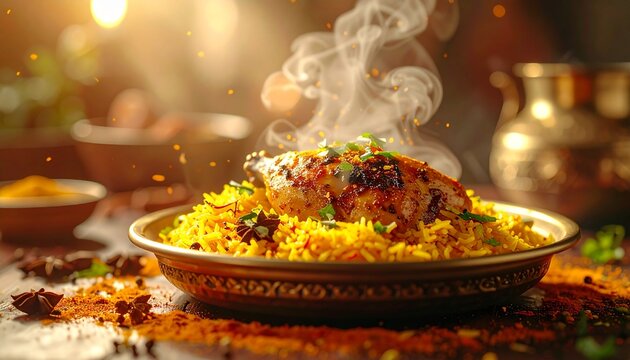 Chicken biryani. Aromatic biryani with tender chicken, served in a glowing bowl for a rich traditional meal.