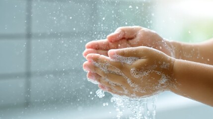 Fototapeta premium Washing hands for hygiene awareness bathroom action photography clean environment close-up health concept