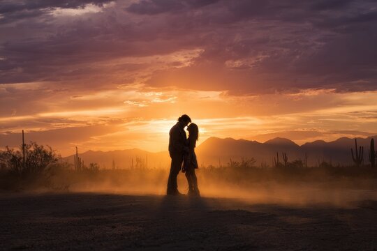 Dramatic desert scene with silhouetted lovers under a warm western sky