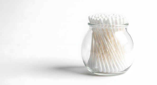 Q-tip Dispenser: A transparent glass jar neatly showcases a bundle of fresh cotton swabs, presenting a close-up image that emphasizes simplicity and purity.