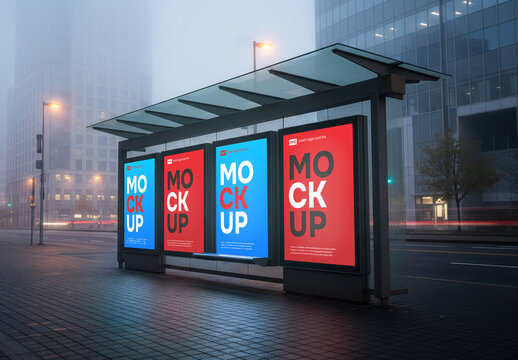 Billboards on a buss-stop in early morning mockup