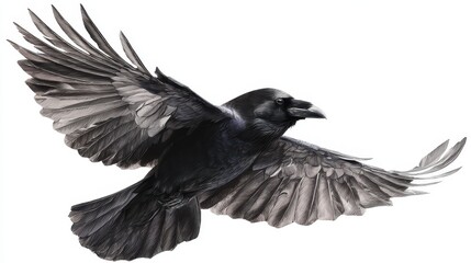Fototapeta premium Dynamic raven in mid-flight with bold silhouette against a clean white canvas