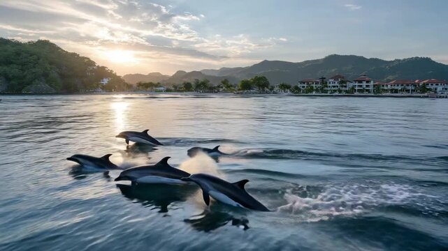 Pod of dolphins swimming in calm ocean water near tropical coast at sunset wildlife marine scene