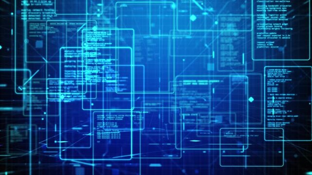 Abstract digital network interface with data connections and fictional code elements on a blue technology grid background, futuristic data system concept
