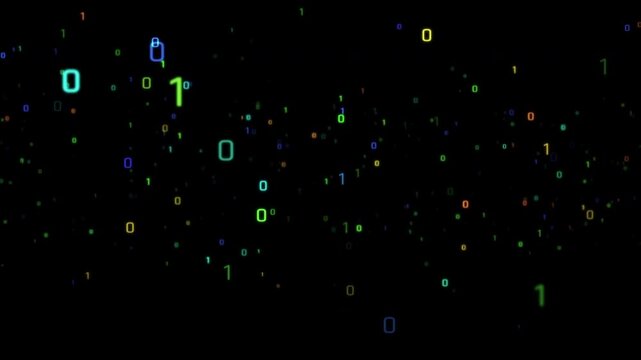 Floating binary numbers with glowing particles on black background, digital data code animation, futuristic technology video overlay template
