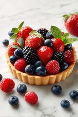 Obraz premium Fresh berry tart with strawberry blueberry raspberry and berry on marble table pastry macro top view