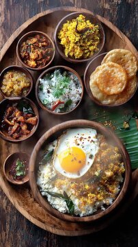 Authentic Southeast Asian meal set on a wooden platter featuring nasi lemak with fried egg, various curries, and side dishes
