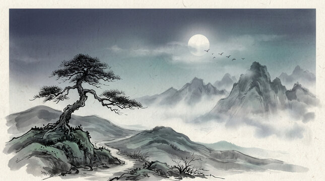 Serene Traditional Chinese Ink Landscape with Mountain and Tree Scene at Moonlight