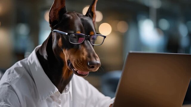 Focus on a Doberman Pinscher, dressed in professional attire. The dog wears glasses, looking serious and concentrated. It types on a laptop, seated at a desk
