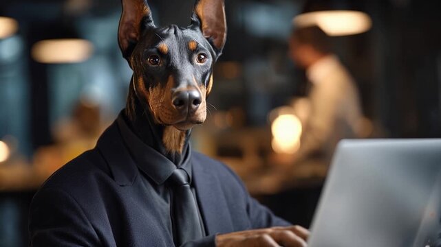 Focused Doberman pinscher sits at laptop. Eyes watch screen with serious attention. Tone suggests dedication, professionalism, or humor. Ideal for office, business, or tech-themed projects
