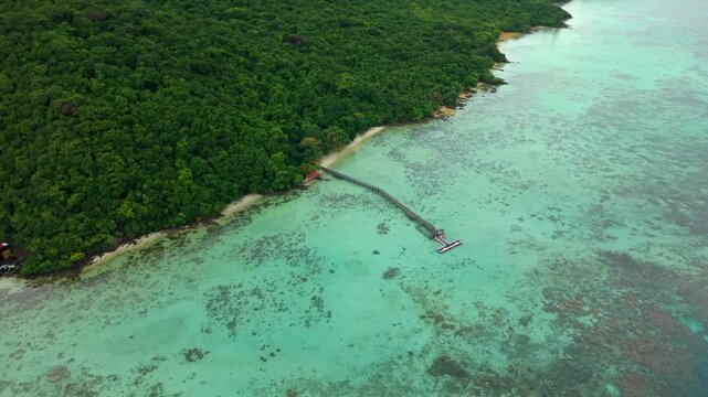 Aerial view of the lush green Turtle Conservation island with a long wooden pier stretching into the turquoise sea, Karimunjawa National Park, Karimunjawa, Central Java, Indonesia.