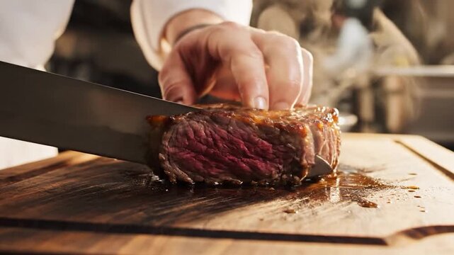Professional chef hand slicing cooked meat on wooden board food preparation