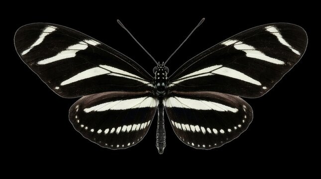 Zebra Longwing butterfly with open wings isolated on black background for biodiversity and entomology research concept