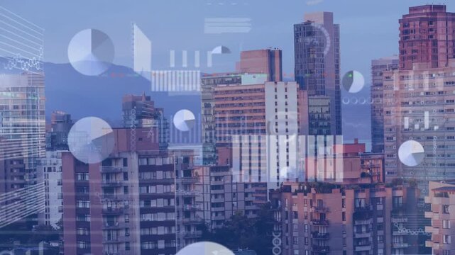 Animation of diverse data and graphs over cityscape