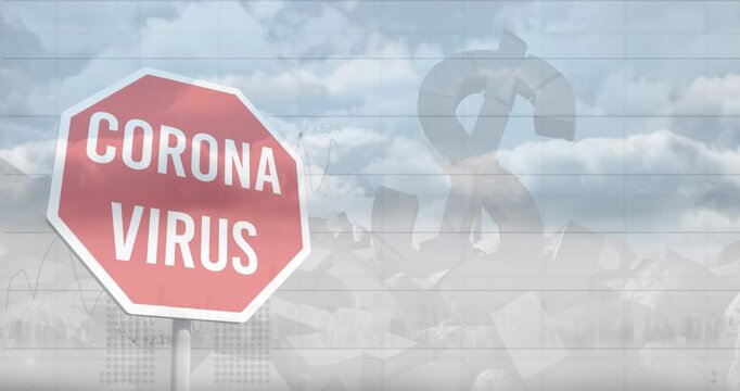 Animation of corona virus prohibition sign over dollar and cityscape