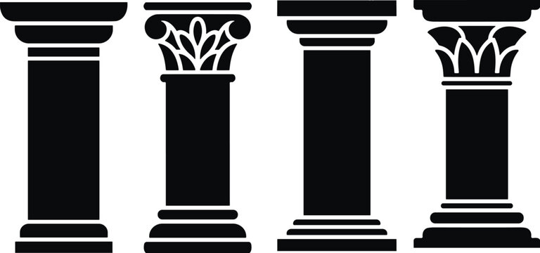 Ancient Greek and Roman column silhouette vector set, classical architecture pillars collection with decorative capitals, historic temple column icons isolated in black design