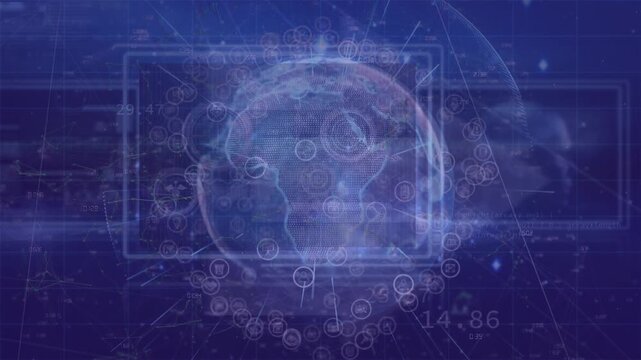 Animation of arrows over globe and data processing on blue background