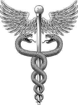 Caduceus medical symbol with wings and intertwined snakes vintage engraving vector illustration healthcare medicine emblem pharmacy logo isolated on light background