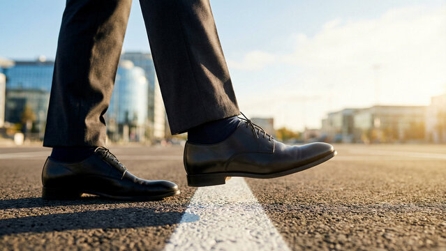 Low angle close-up of a businessman taking a dynamic first step forward on a city street.