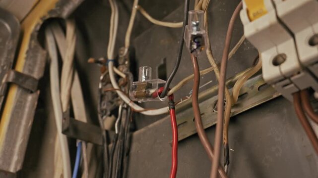 Messy electrical wiring connects to clear plastic terminals and circuit breakers. Camera zooms out revealing dusty cables and mounted fuse switches on metal rail.