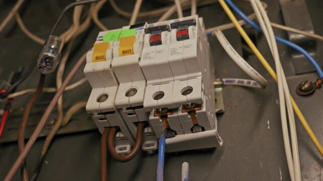 Electrical circuit breakers mounted on DIN rail feature connected copper wires and yellow labels. Close-up tracking shot reveals details of terminal connections inside grey metal distribution box.