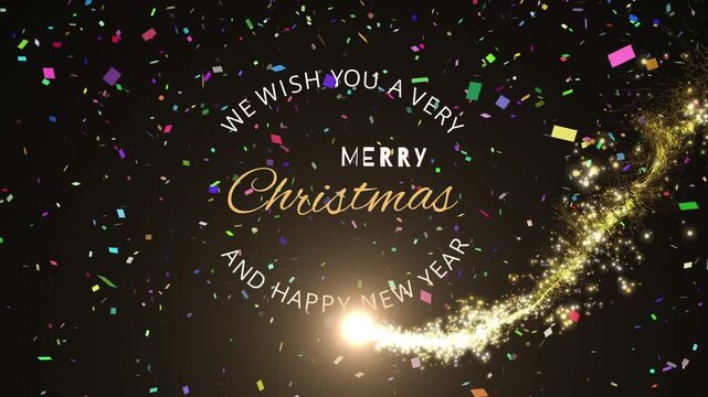 Animation of merry christmas and happy new year text over confetti on black background