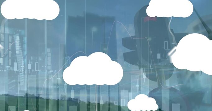 Animation of cloud icons and data processing over cityscape